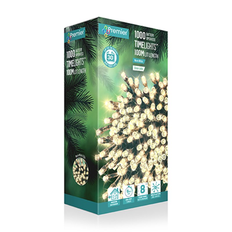 Premier 1000 Warm White Timelights Battery Operated Christmas String Lights