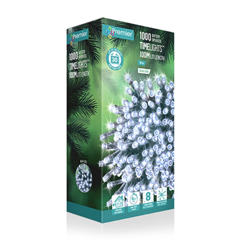 Premier 1000 White Timelights Battery Operated Christmas  String Lights
