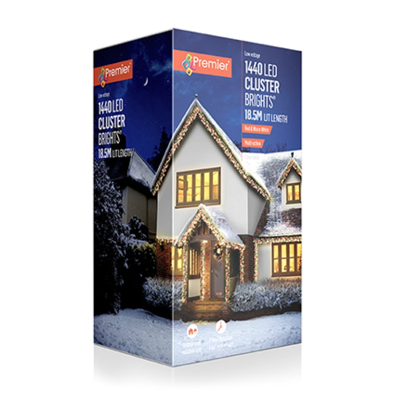 Premier 1440 LED Cluster Brights Christmas Lights Red and Warm White Clear Cable