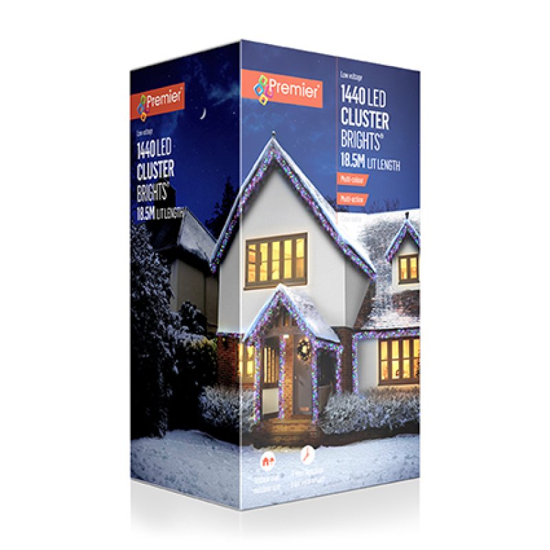 Premier 1440 LED Cluster Brights Christmas Lights Multi Colour Clear Cable