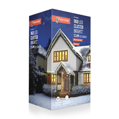 Premier 960 LED Cluster Brights Christmas Lights White & Warm White Clear Cable