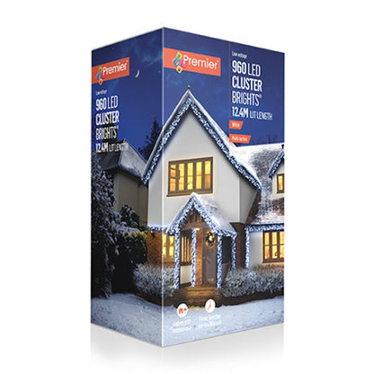 Premier 960 LED Cluster Brights Christmas Lights White Clear Cable