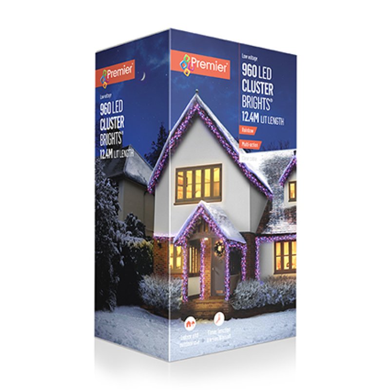Premier 960 LED Cluster Brights Christmas light kit in a house-shaped retail box, showing purple illuminated garlands on a snow-covered house at night.