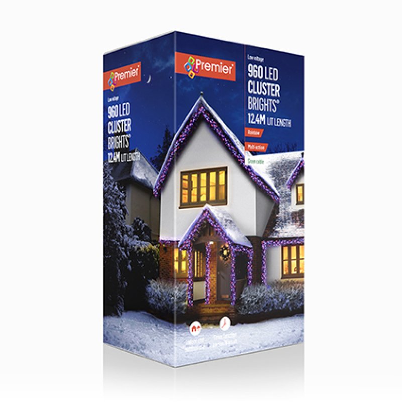 Premier 960 LED cluster lights in a 12.4M light length box, featuring a winter house illustration with purple garlands and warm yellow window lights on a white background.