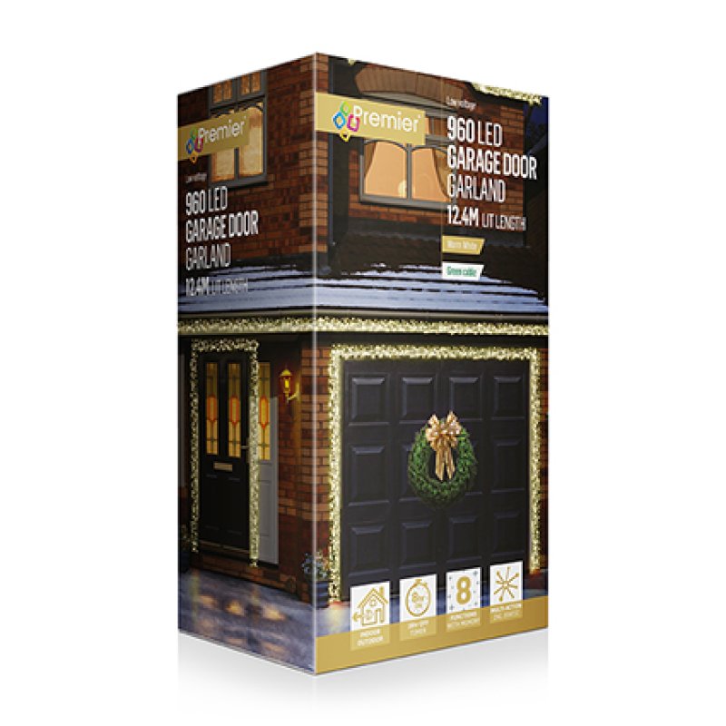 A 960 LED garage door garland by Premier, shown in its retail packaging box. The box features an illustration of a house front with the garland lit up in gold and green, complete with feature icons at the bottom.