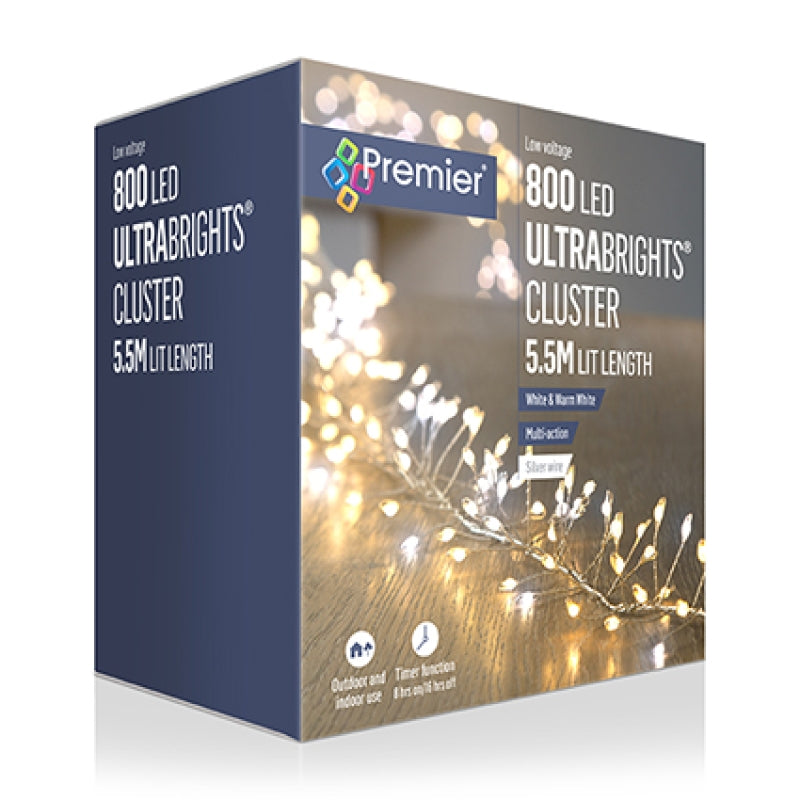 Premier 800 White & Warm White LED Ultrabright Christmas Cluster Lights
