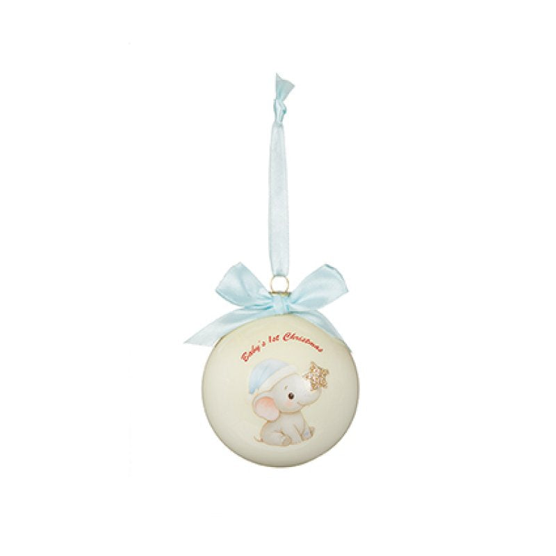 A round baby boy Christmas ornament featuring a cute cartoon elephant wearing a blue hat, with the text 'Baby Boy Christmas' and a gold star. The ornament is decorated with a light blue ribbon bow and hanging loop.