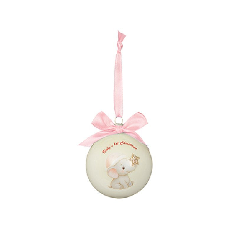 A round baby first birthday Christmas ornament in cream with a pink ribbon bow and hanging loop, featuring a cute elephant illustration and the text 'Baby 1st Christmas'.