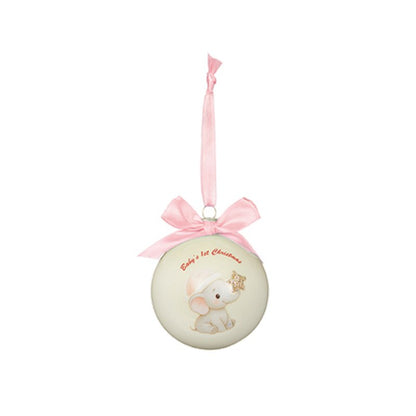 A round baby first birthday Christmas ornament in cream with a pink ribbon bow and hanging loop, featuring a cute elephant illustration and the text 'Baby 1st Christmas'.
