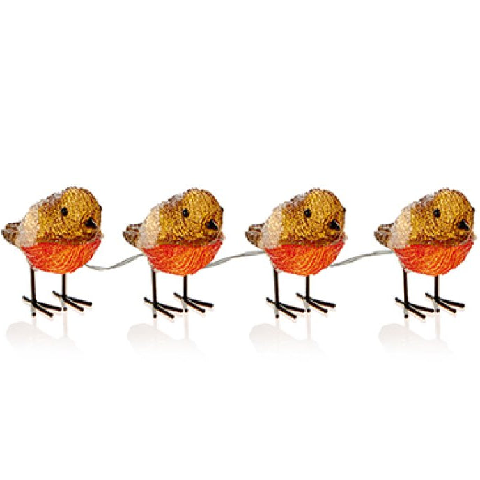 Four small decorative bird figurines arranged in a row on a white background, each with a textured golden-brown head and a bright orange-red underbody, connected by thin metal wires.