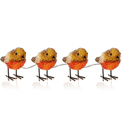Four small decorative bird figurines arranged in a row on a white background, each with a textured golden-brown head and a bright orange-red underbody, connected by thin metal wires.