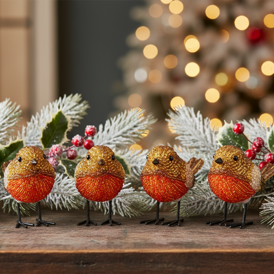 Set of 4 Battery Operated Lit Acrylic Robins