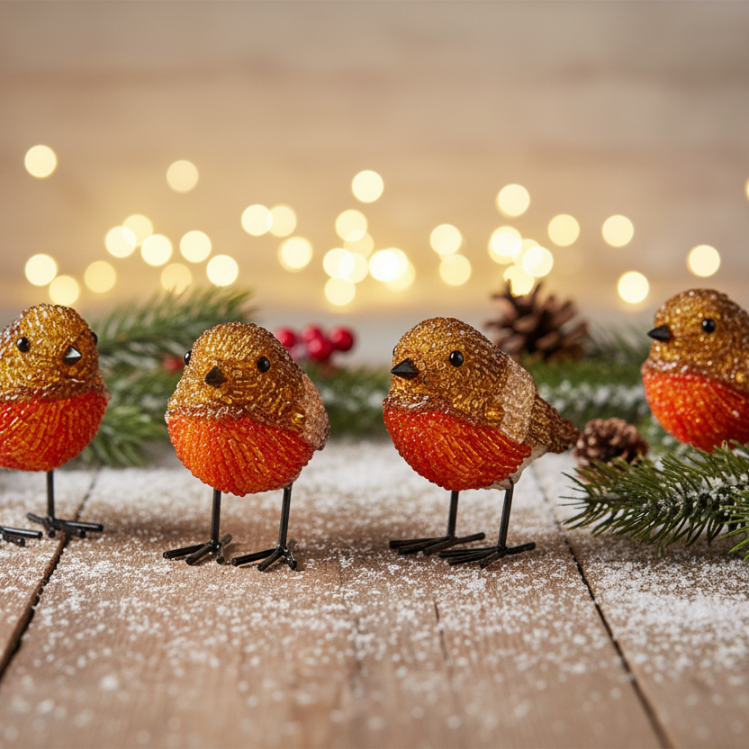 Four decorative robin bird ornaments with glittery gold bodies and bright orange-red bellies, arranged on a rustic wooden surface with pine branches, snow-like dusting, and warm blurred string lights in the background.