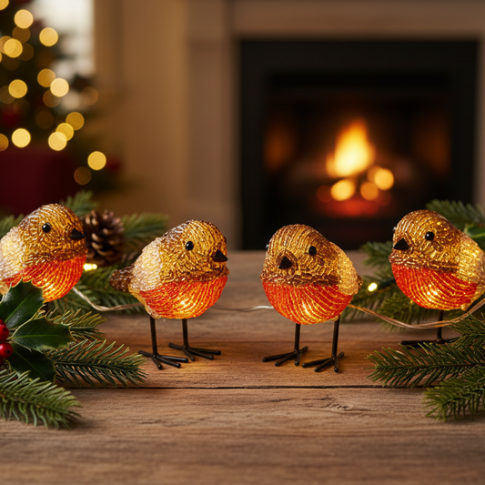 Four decorative bird-shaped string lights with glowing orange and gold bodies, displayed on a wooden surface with evergreen branches and a blurred fireplace in the background.