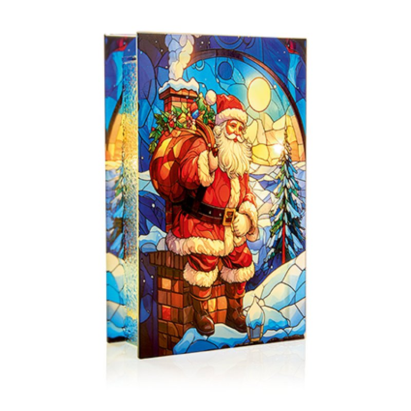 A rectangular decorative panel or sign featuring a stained-glass-style illustration of Santa Claus carrying a sack of gifts, with snowy trees and a blue night sky background.