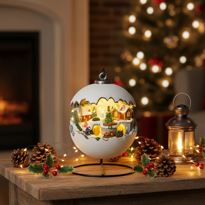 A spherical white Christmas ornament lamp with a miniature village scene inside, glowing with warm yellow lights, displayed on a wooden table with pinecones, fairy lights, and a lantern in a cosy holiday setting.