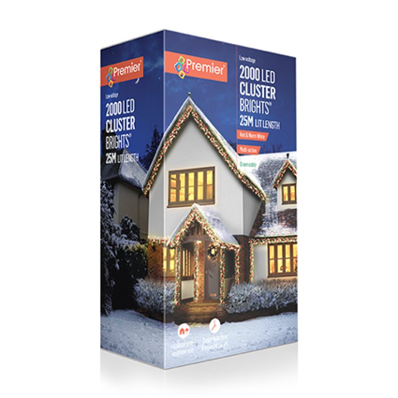 Premier 2000 LED Red and Warm White Cluster Brights Christmas Lights