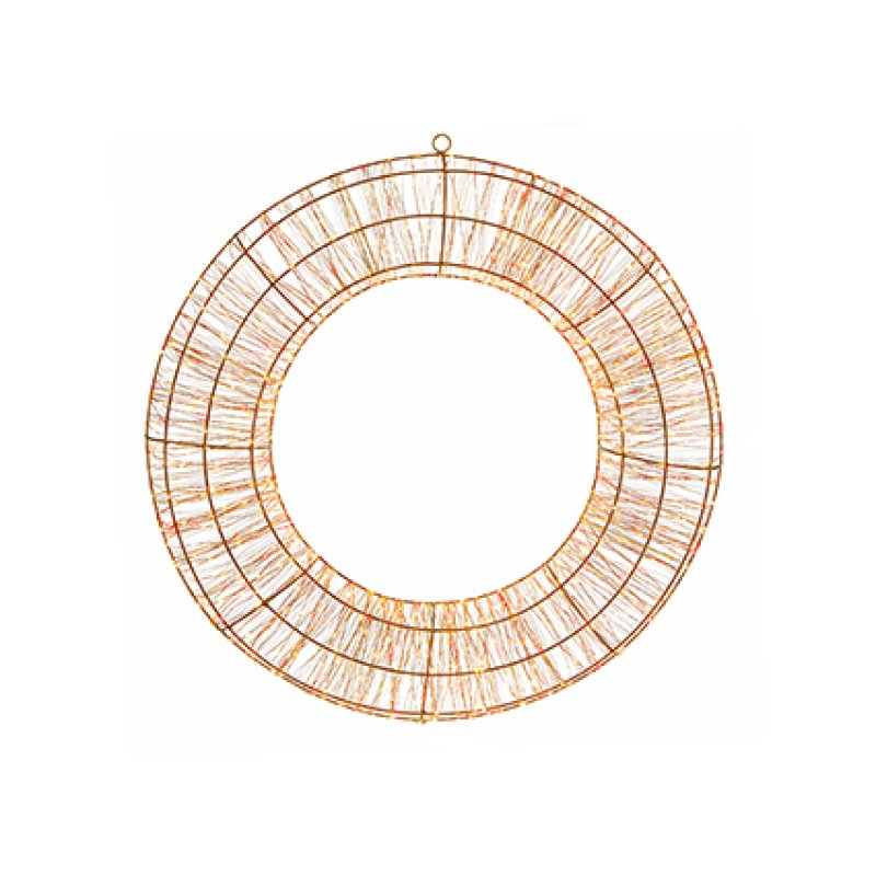 A circular metal wire wreath with a warm copper or bronze-toned finish, featuring concentric rings and a small hanging loop at the top, shown against a plain white background.