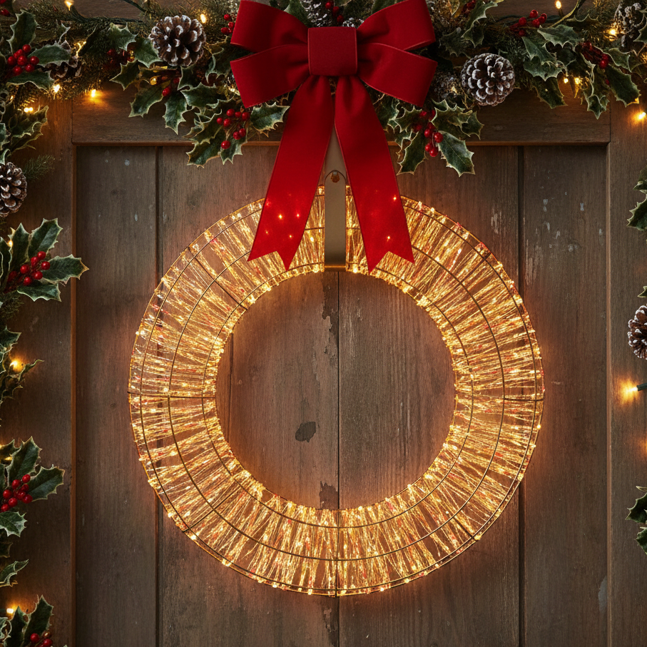 A glowing wire Christmas wreath with warm white string lights, hung on a rustic dark wood door and framed by a red bow, holly leaves, pinecones, and string lights.