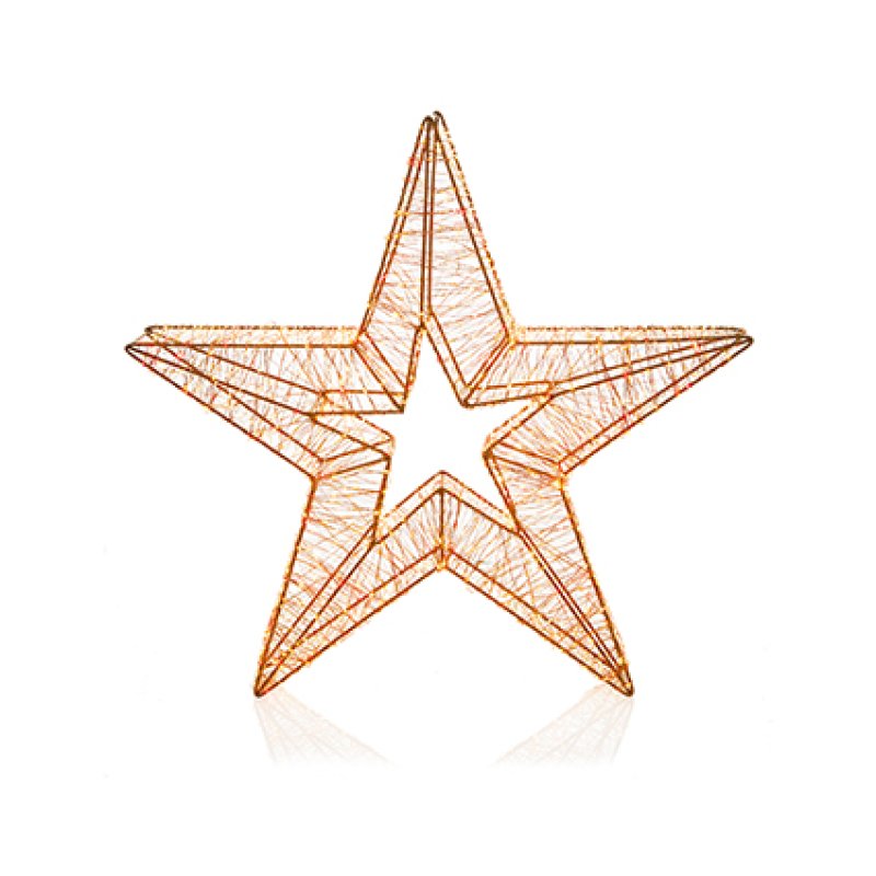 A wire star-shaped decorative light fixture with a warm orange glow, shown on a clean white background with a soft reflection underneath.