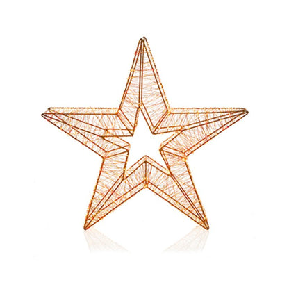 A wire star-shaped decorative light fixture with a warm orange glow, shown on a clean white background with a soft reflection underneath.