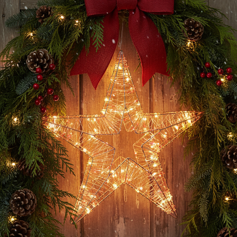 A glowing wire-frame star Christmas light hangs in the center of a festive wreath made of green pine branches, red bows, pinecones, and small red berries against a warm wooden background.