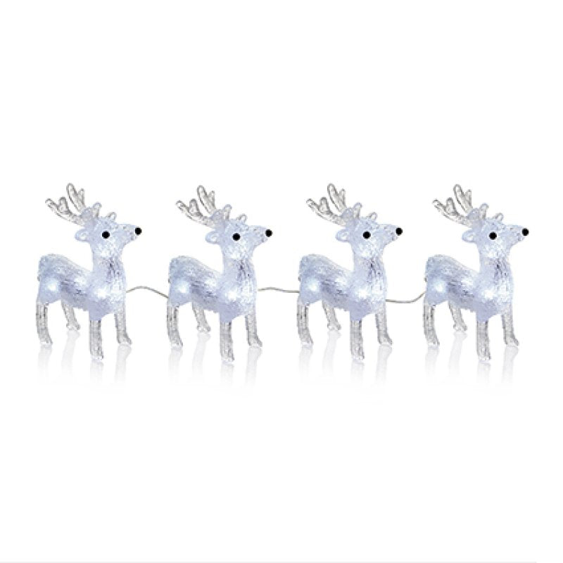 Four white LED Christmas reindeer lights in a line, glowing with white light, set against a plain white background.