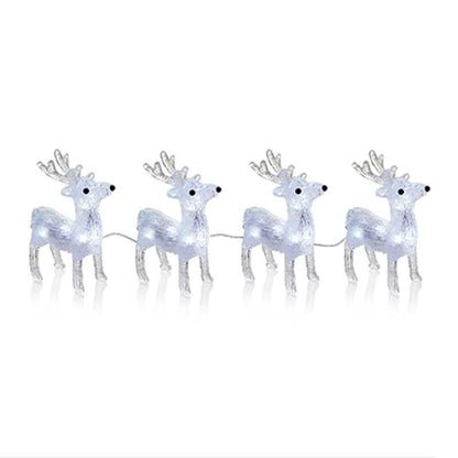 Four white LED Christmas reindeer lights in a line, glowing with white light, set against a plain white background.