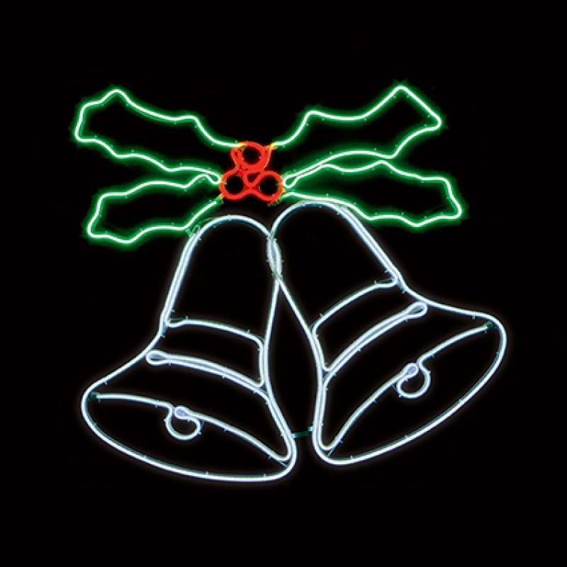 A festive Christmas decoration shaped like two hanging bells, outlined in bright white light, with a green holly leaf design above and a small red holly berry accent in the center, all set against a solid black background.