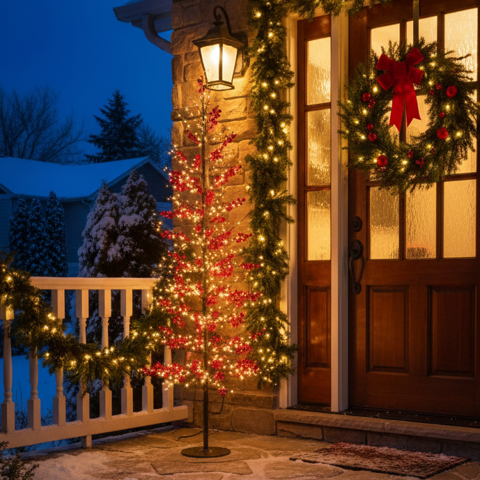 Outdoor Christmas tree light display on a front porch at dusk, featuring a tall red berry-covered tree with warm white string lights, green garlands, a lit lantern, and a decorated wooden door.