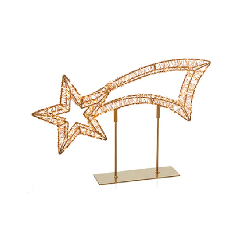 A decorative wireframe star and shooting star sculpture in a rose gold finish, mounted on a rectangular base with two vertical supports, shown against a plain white background.