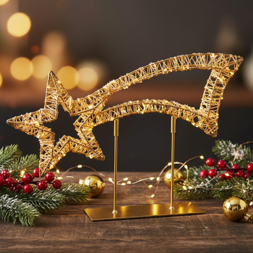 A gold wire star-shaped Christmas tree light with a matching gold metal stand, displayed on a rustic wooden table surrounded by green pine branches, red berries, and small gold ornaments with warm string lights in the background.