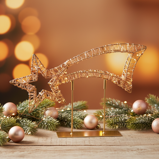 A gold wire star-and-shooting-star holiday decoration with warm white string lights, displayed on a small gold stand on a wooden surface with pine branches and rose-gold ornaments in a softly blurred festive background.