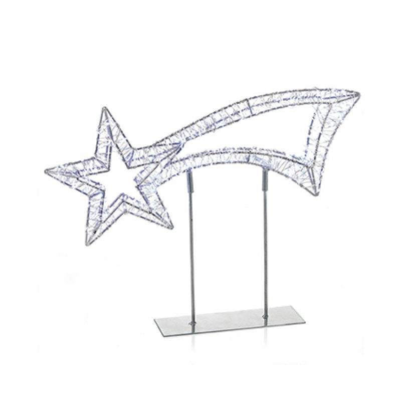 A silver wire-frame decorative sculpture shaped like a shooting star with a five-point star tail, mounted on a rectangular base with two vertical support rods, shown against a plain white background.