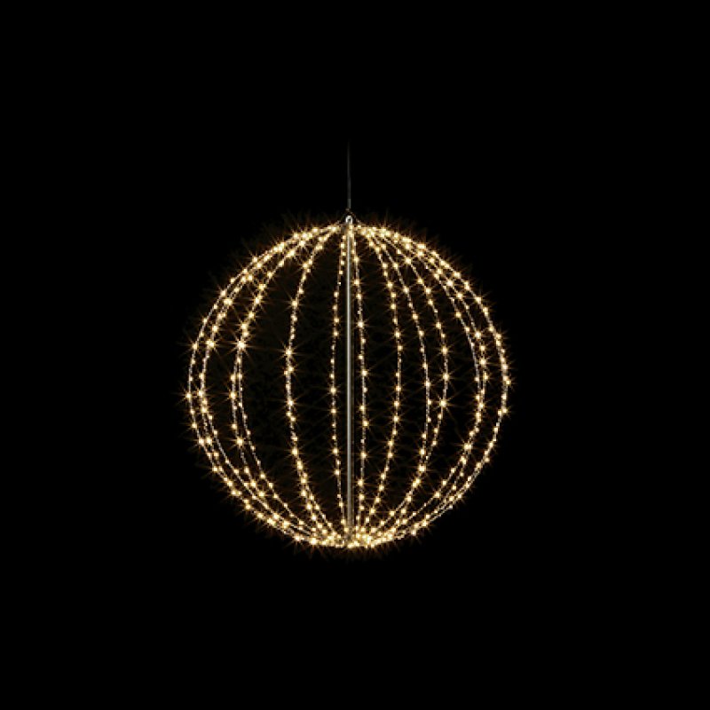 A spherical hanging light fixture made of many curved vertical strands of warm white LED lights, suspended against a solid black background.