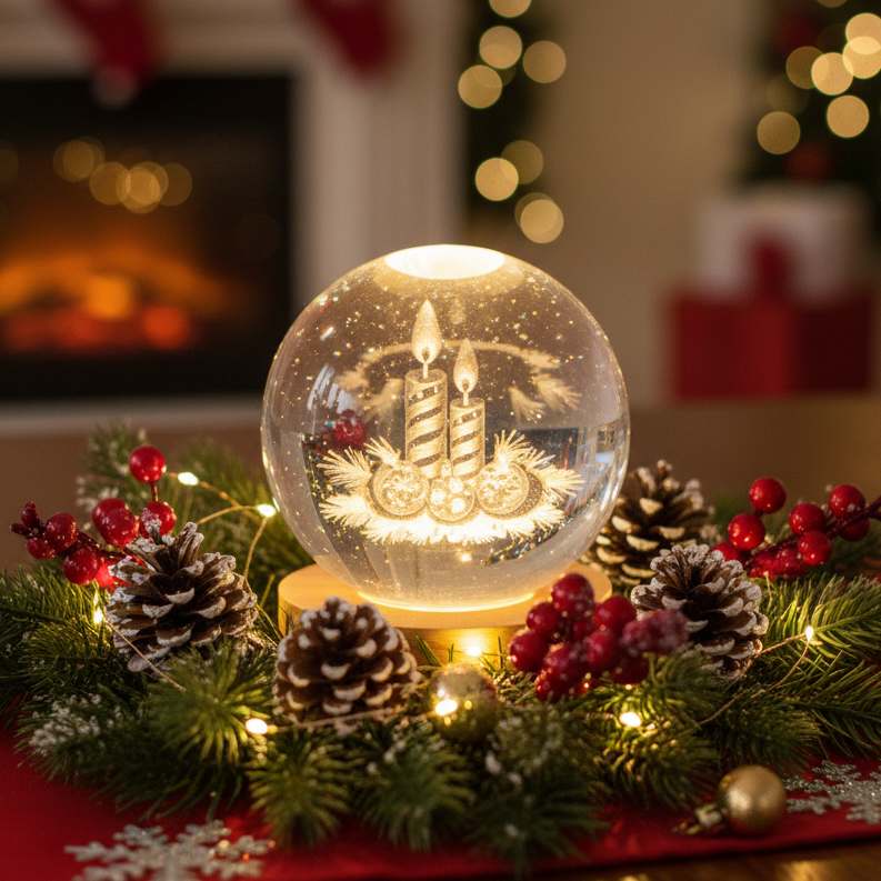 A clear glass or acrylic decorative globe lamp with an etched holiday candle design, resting on a round light wood base against a white background.