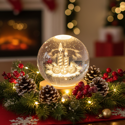 A clear glass or acrylic decorative globe lamp with an etched holiday candle design, resting on a round light wood base against a white background.