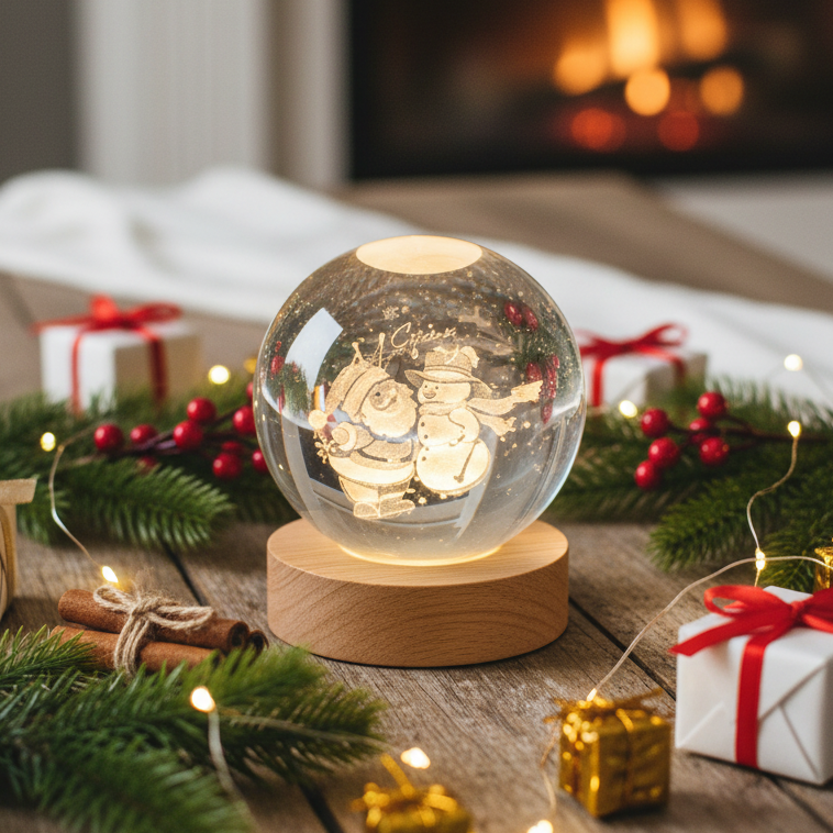 A decorative glass snow globe lamp with a warm white light glowing inside, featuring an etched Santa Claus and snowman design, resting on a round light wood base against a white background.
