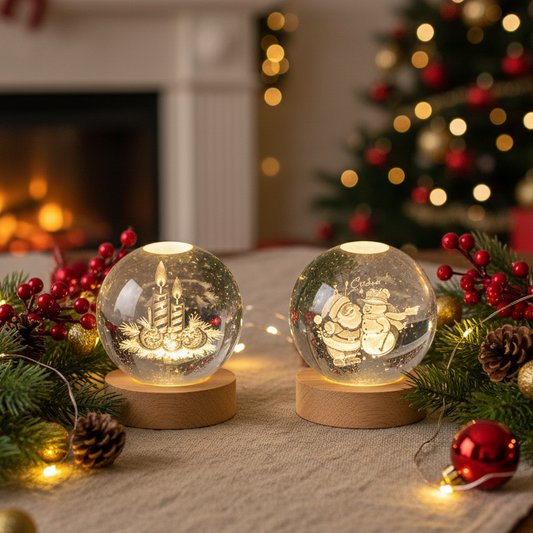 3D Lit Etched 8cm Glass Ball Christmas Decoration