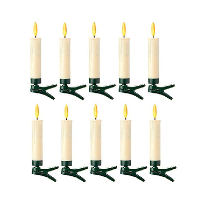 Eight white melted edge candles with green clips and yellow flame tips, arranged in two rows of four on a plain white background.