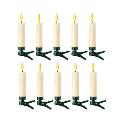Eight white melted edge candles with green clips and yellow flame tips, arranged in two rows of four on a plain white background.