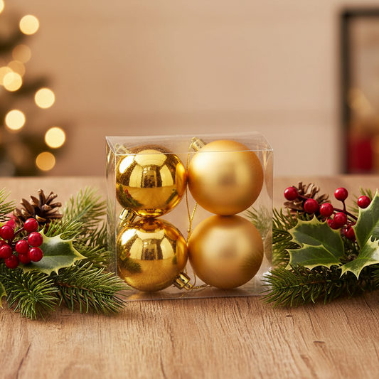 A clear plastic box containing four gold Christmas ornaments, styled on a wooden surface with green pine branches, holly leaves, and red berries. The background is softly blurred with warm bokeh lights.