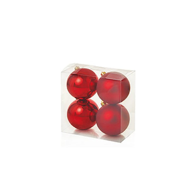 Four glossy red Christmas baubles inside a clear square plastic packaging box, shown on a plain white background.