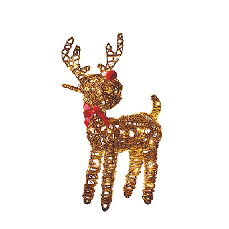 A golden wire-frame reindeer decoration with a red nose and a red bow around its neck, isolated on a white background.