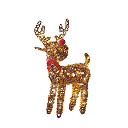 A golden wire-frame reindeer decoration with a red nose and a red bow around its neck, isolated on a white background.