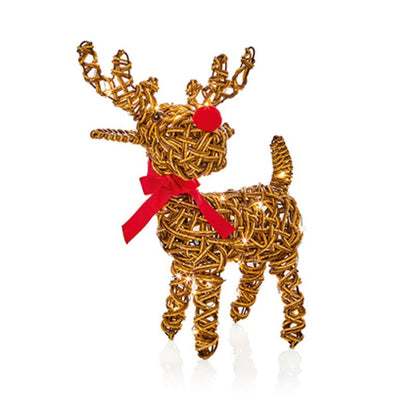 A golden wire-wrapped reindeer decoration with a red nose and a red ribbon bow around its neck, shown on a clean white background with a soft reflection underneath.