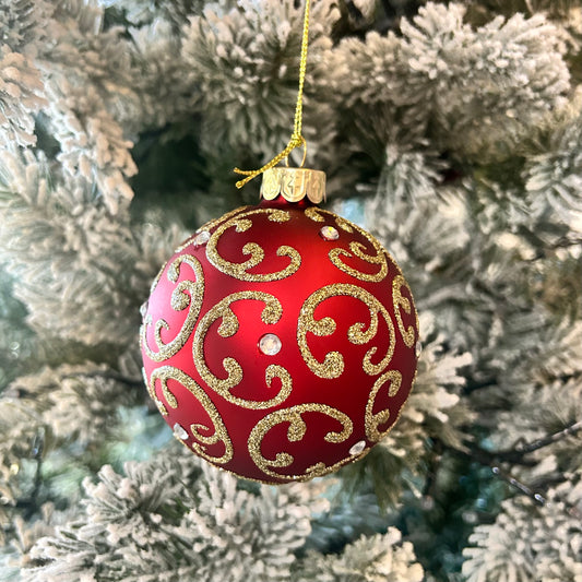 Red with Gold Filigree Glass Christmas Bauble