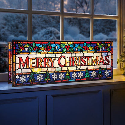 Lit Merry Christmas Stained Glass Table Top Decoration
