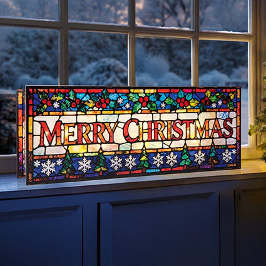 Lit Merry Christmas Stained Glass Table Top Decoration