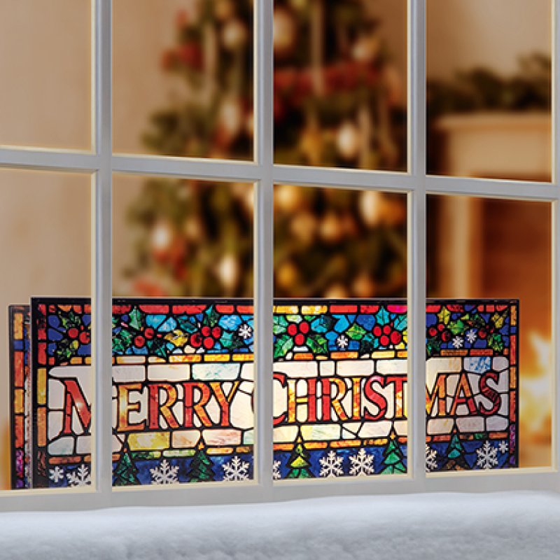 Lit Merry Christmas Stained Glass Table Top Decoration